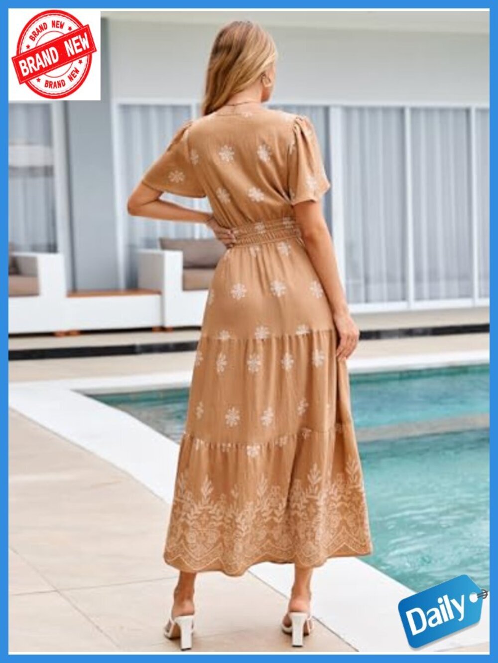 Boho Maxi Dress V-Neck Short Sleeve Floral Tiered Flowy Wedding Guest - Picture 4 of 6